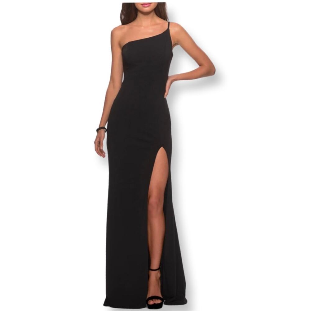 NWT La Femme One Shoulder Long Black Deep Front Slit Maxi Gown